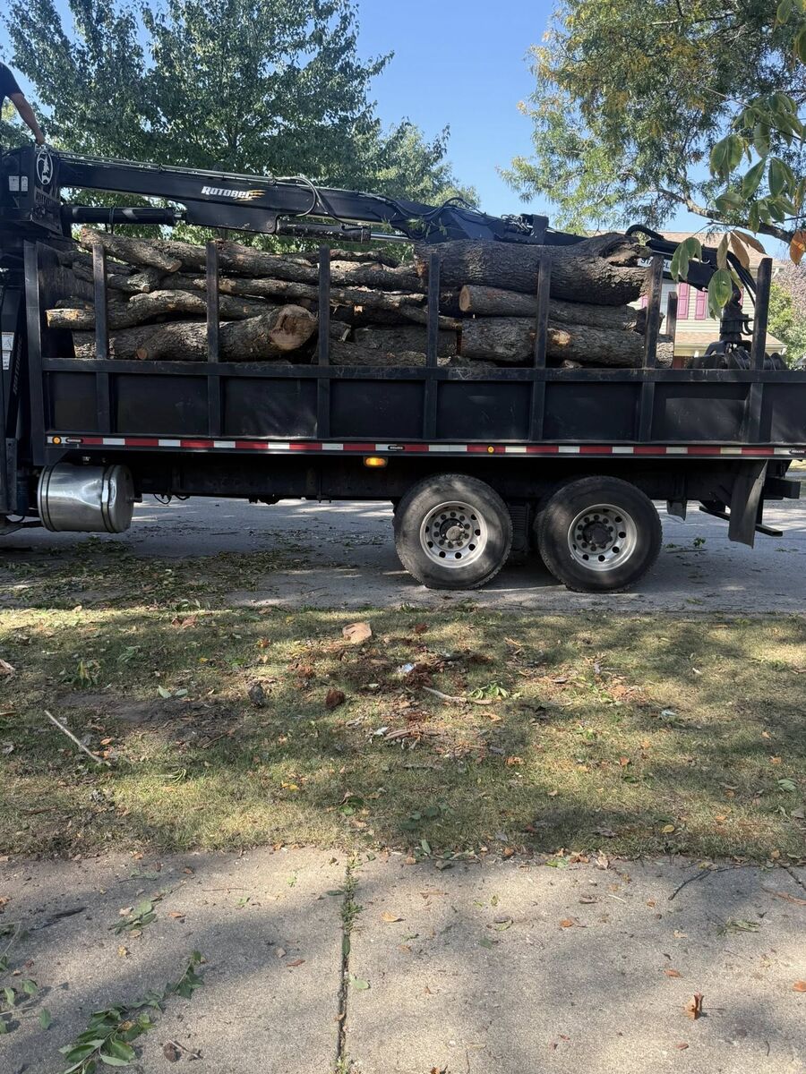 Flatbed truck loaded with cut logs for haul-away service