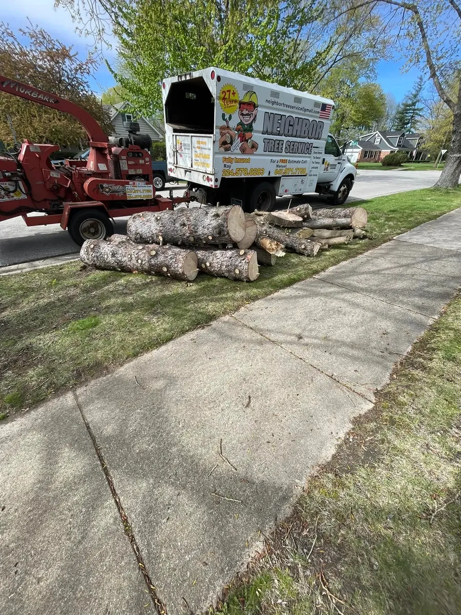 Neighbor Tree Service truck and wood chipper on site - professional tree removal in Chicago's Northwest Suburbs
